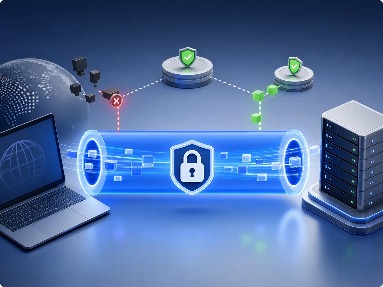 Technische VPN-illustratie bij veel captchas con vpn met beveiligde verbinding en servercontrole